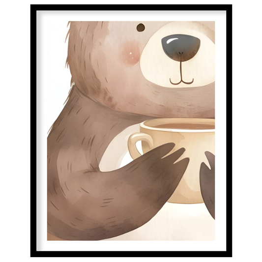 This heartwarming watercolor illustration portrays a plump, friendly bear holding a warm mug with b… for area