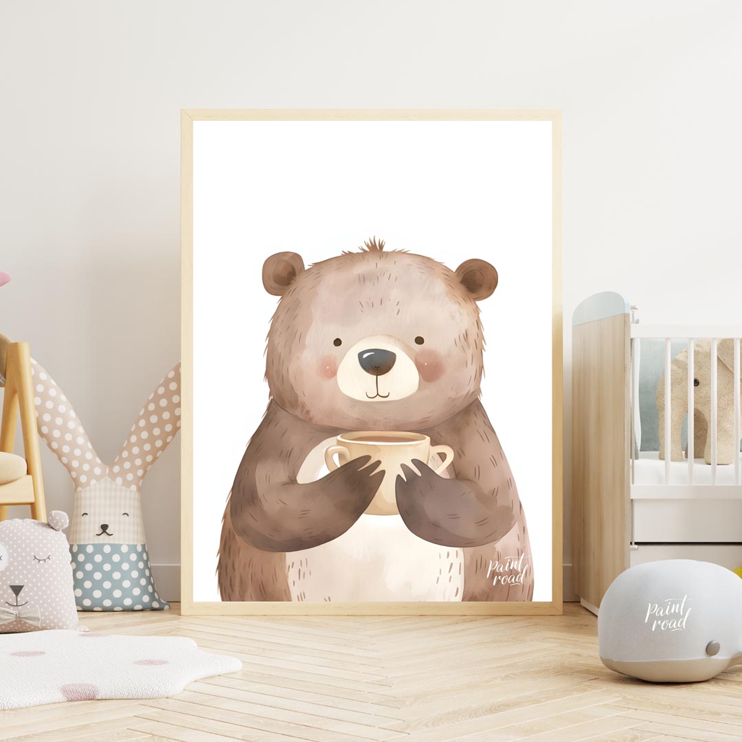 This heartwarming watercolor illustration portrays a plump, friendly bear holding a warm mug with b… for nursery