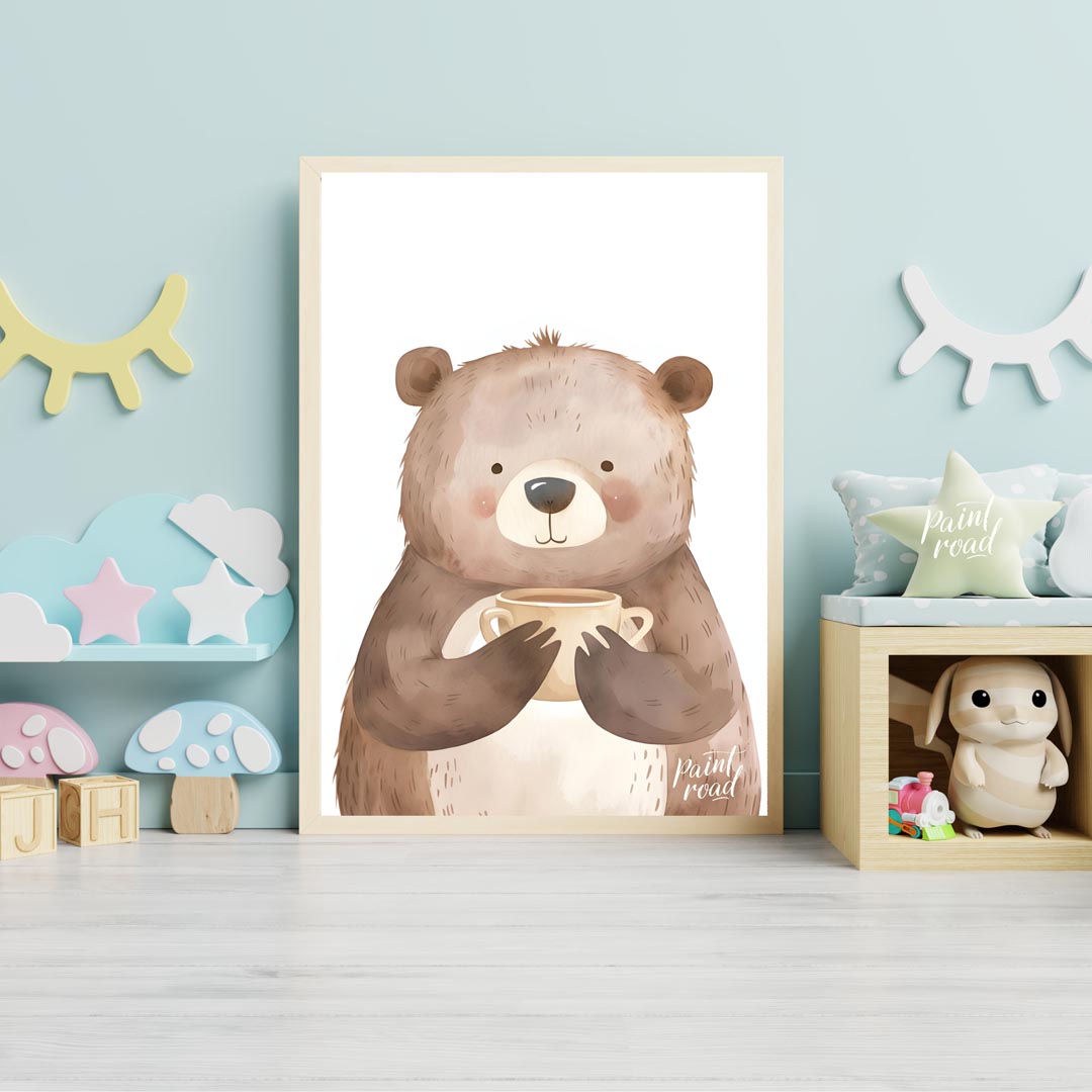 This heartwarming watercolor illustration portrays a plump, friendly bear holding a warm mug with b… for nursery