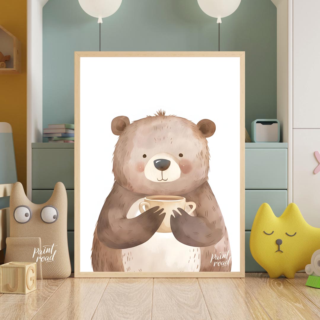 This heartwarming watercolor illustration portrays a plump, friendly bear holding a warm mug with b… for nursery