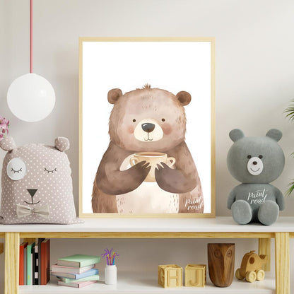This heartwarming watercolor illustration portrays a plump, friendly bear holding a warm mug with b… for nursery
