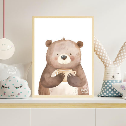 This heartwarming watercolor illustration portrays a plump, friendly bear holding a warm mug with b… for nursery
