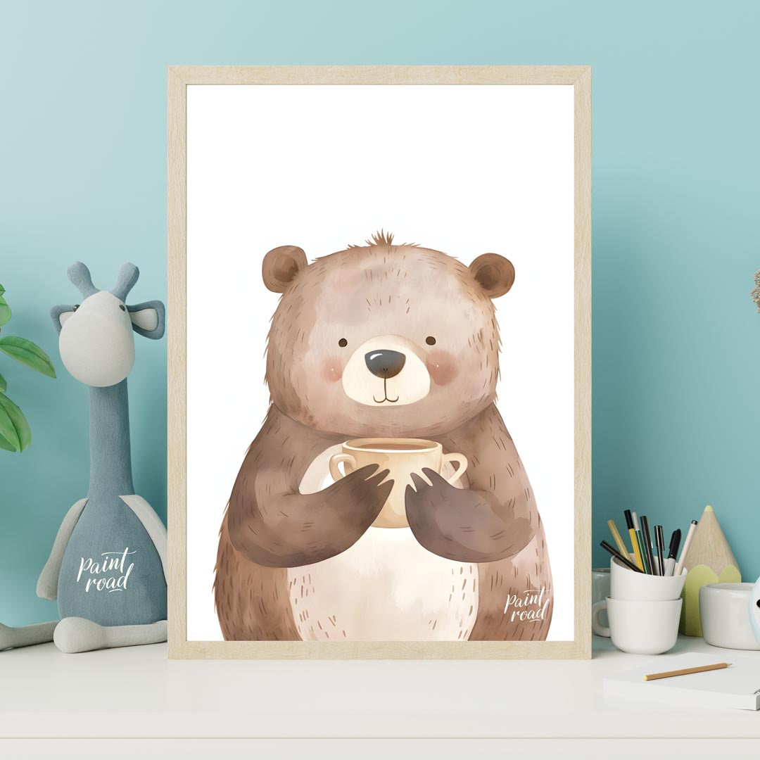 This heartwarming watercolor illustration portrays a plump, friendly bear holding a warm mug with b… for nursery