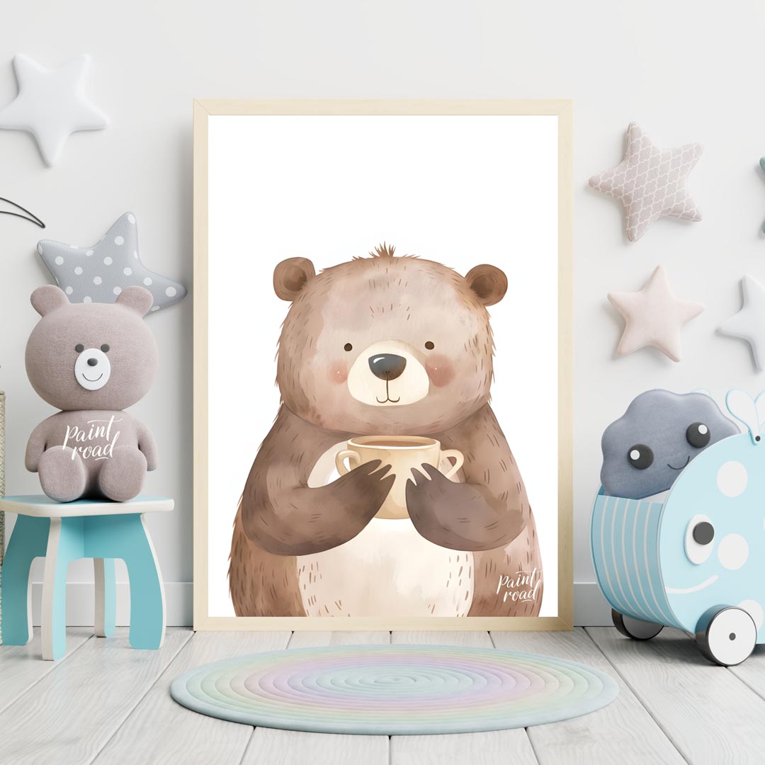 This heartwarming watercolor illustration portrays a plump, friendly bear holding a warm mug with b… for nursery