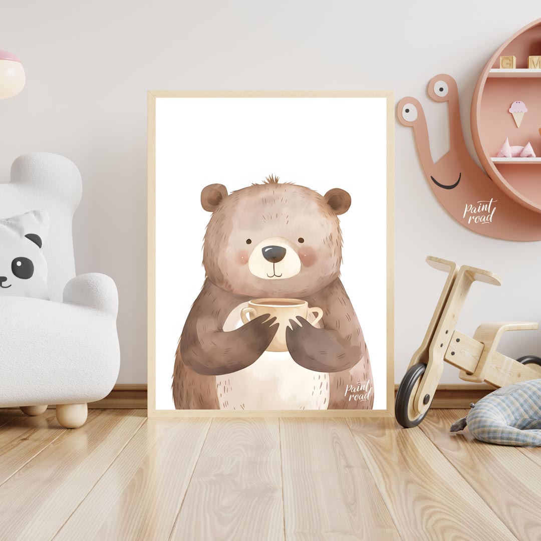 This heartwarming watercolor illustration portrays a plump, friendly bear holding a warm mug with b… for nursery