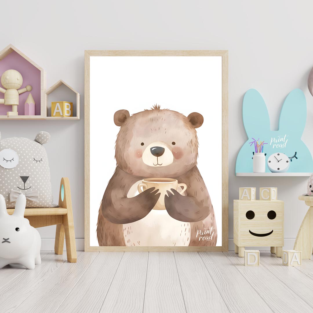 This heartwarming watercolor illustration portrays a plump, friendly bear holding a warm mug with b… for nursery