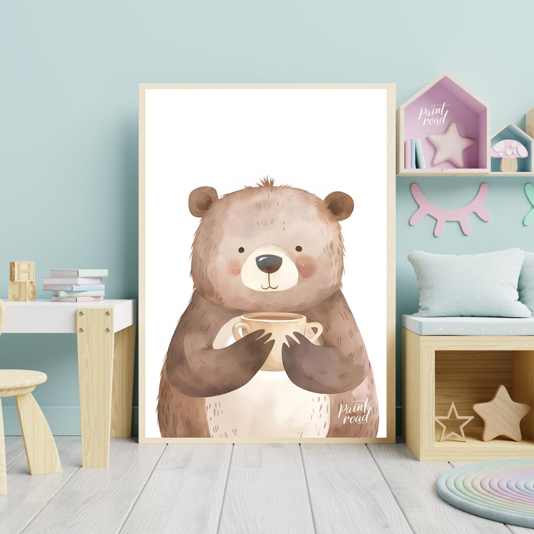 This heartwarming watercolor illustration portrays a plump, friendly bear holding a warm mug with b… for nursery
