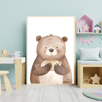 This heartwarming watercolor illustration portrays a plump, friendly bear holding a warm mug with b… for nursery