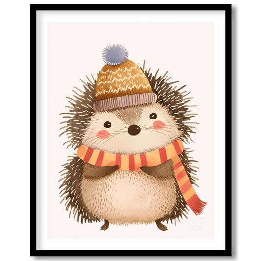 This adorable illustration features a plump, friendly hedgehog dressed in a cozy mustard-yellow kni… for room