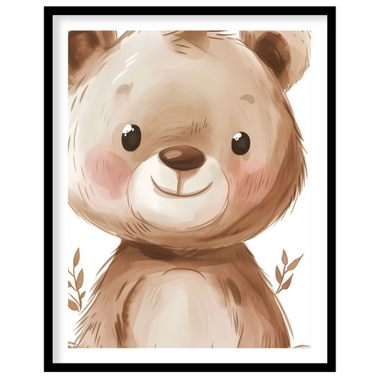 A captivating watercolor illustration presents a close-up portrait of an incredibly cute bear, rend… for area
