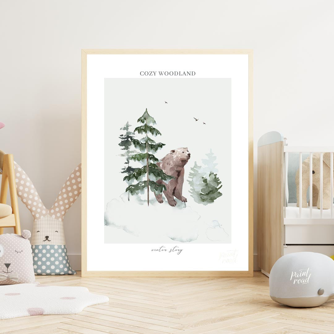This serene watercolor illustration, part of a "COZY WOODLAND winter story" series, depicts a gentl… for nursery