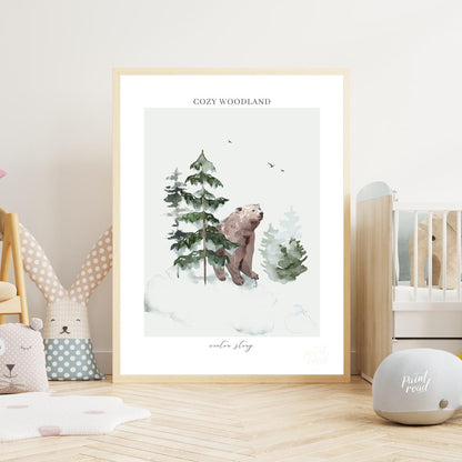 This serene watercolor illustration, part of a "COZY WOODLAND winter story" series, depicts a gentl… for nursery