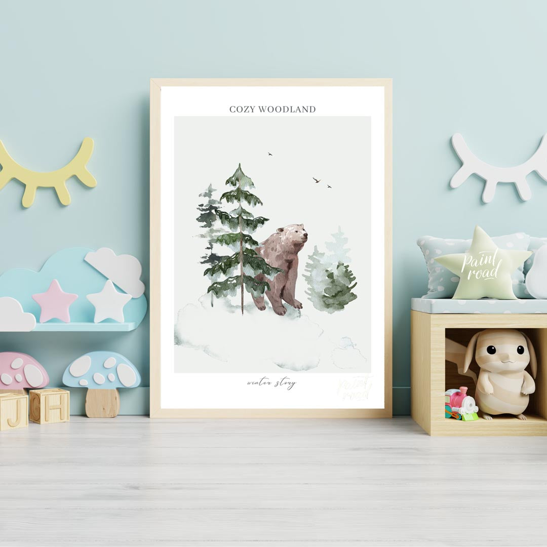 This serene watercolor illustration, part of a "COZY WOODLAND winter story" series, depicts a gentl… for nursery