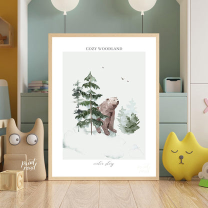 This serene watercolor illustration, part of a "COZY WOODLAND winter story" series, depicts a gentl… for nursery
