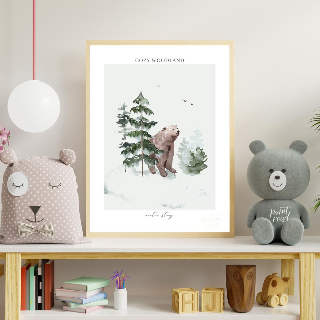 This serene watercolor illustration, part of a "COZY WOODLAND winter story" series, depicts a gentl… for nursery