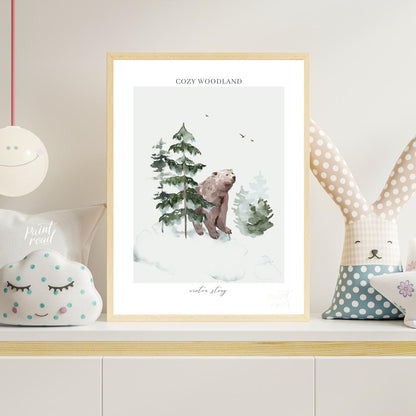 This serene watercolor illustration, part of a "COZY WOODLAND winter story" series, depicts a gentl… for nursery