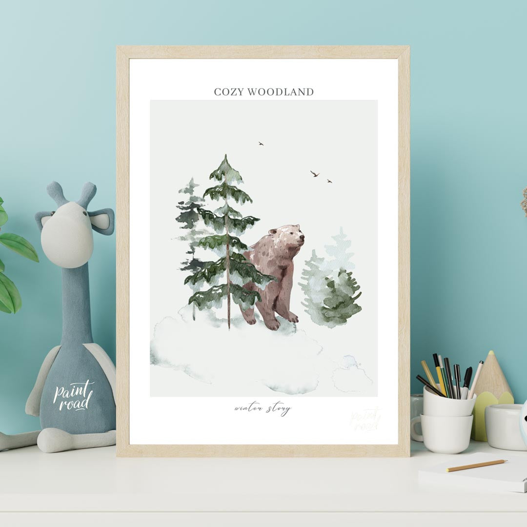 This serene watercolor illustration, part of a "COZY WOODLAND winter story" series, depicts a gentl… for nursery