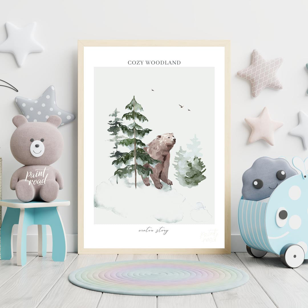 This serene watercolor illustration, part of a "COZY WOODLAND winter story" series, depicts a gentl… for nursery