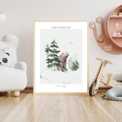 This serene watercolor illustration, part of a "COZY WOODLAND winter story" series, depicts a gentl… for nursery