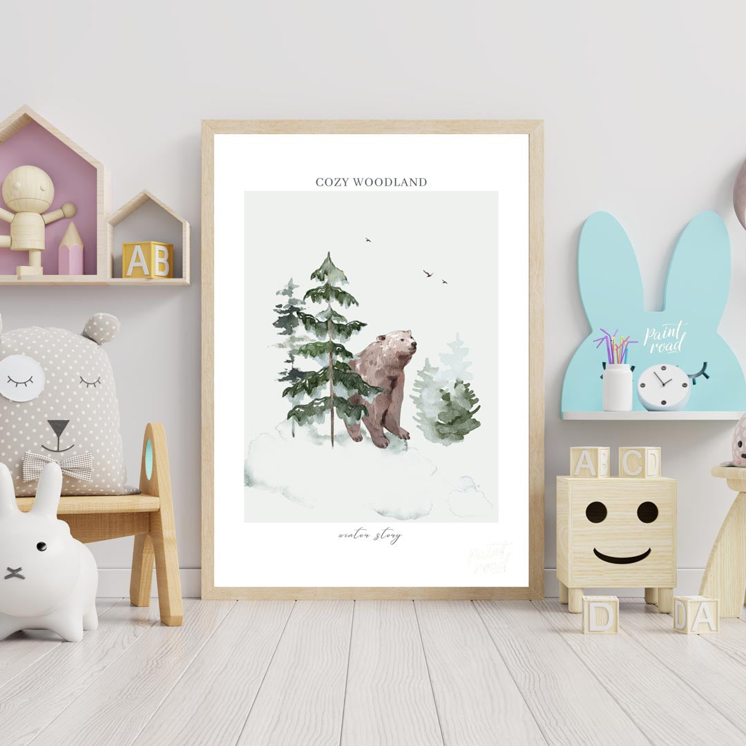 This serene watercolor illustration, part of a "COZY WOODLAND winter story" series, depicts a gentl… for nursery