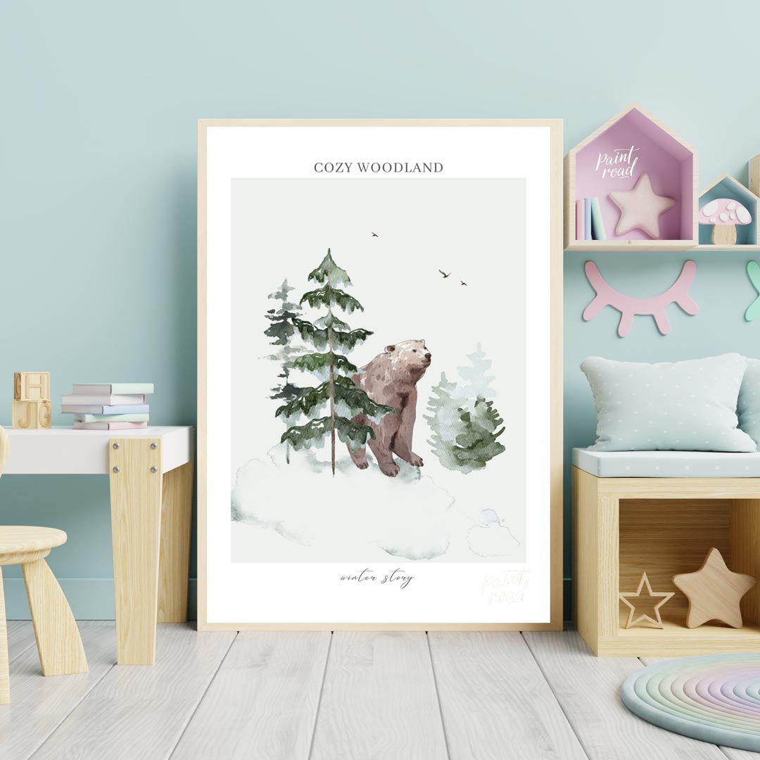 This serene watercolor illustration, part of a "COZY WOODLAND winter story" series, depicts a gentl… for nursery