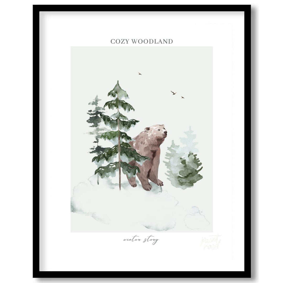 This serene watercolor illustration, part of a "COZY WOODLAND winter story" series, depicts a gentl… for room
