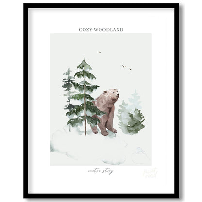 This serene watercolor illustration, part of a "COZY WOODLAND winter story" series, depicts a gentl… for room