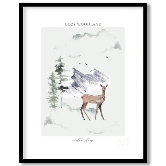 This ethereal watercolor illustration, part of the "COZY WOODLAND winter story" series, captures a … for area