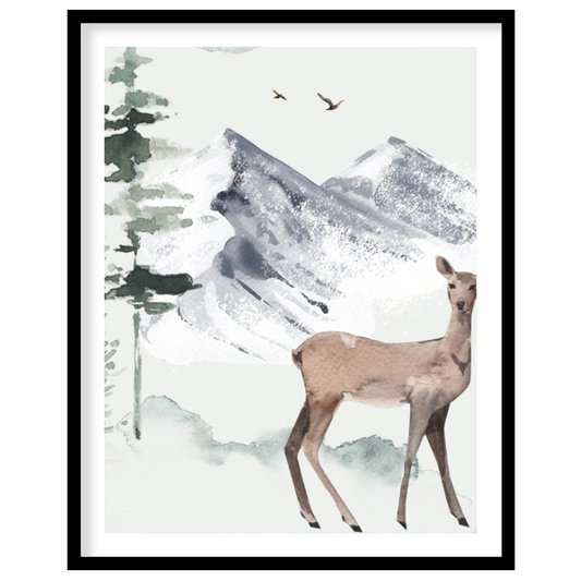 This ethereal watercolor illustration, part of the "COZY WOODLAND winter story" series, captures a … for area