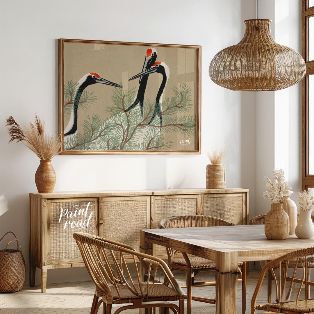 This serene artwork, reminiscent of traditional Japanese or Chinese woodblock prints, depicts two g… for dining room