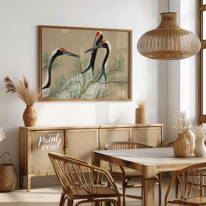 This serene artwork, reminiscent of traditional Japanese or Chinese woodblock prints, depicts two g… for dining room