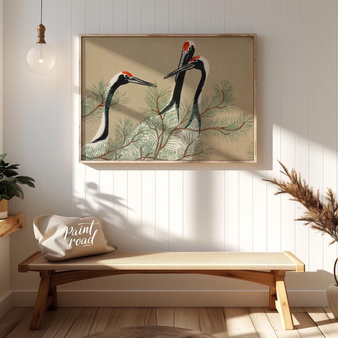 This serene artwork, reminiscent of traditional Japanese or Chinese woodblock prints, depicts two g… for entryway