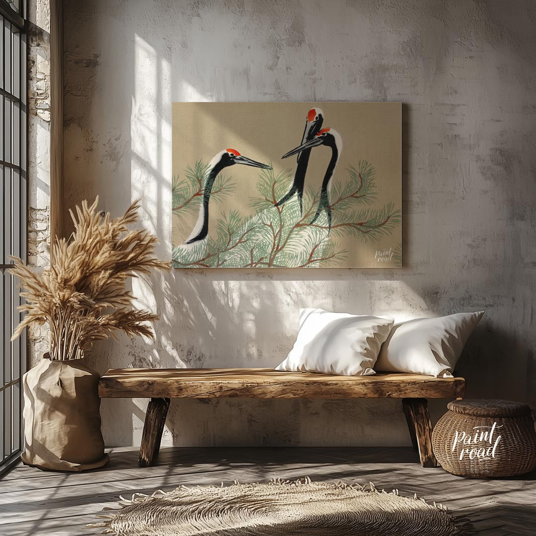 This serene artwork, reminiscent of traditional Japanese or Chinese woodblock prints, depicts two g… for entryway