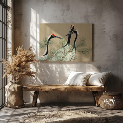 This serene artwork, reminiscent of traditional Japanese or Chinese woodblock prints, depicts two g… for entryway