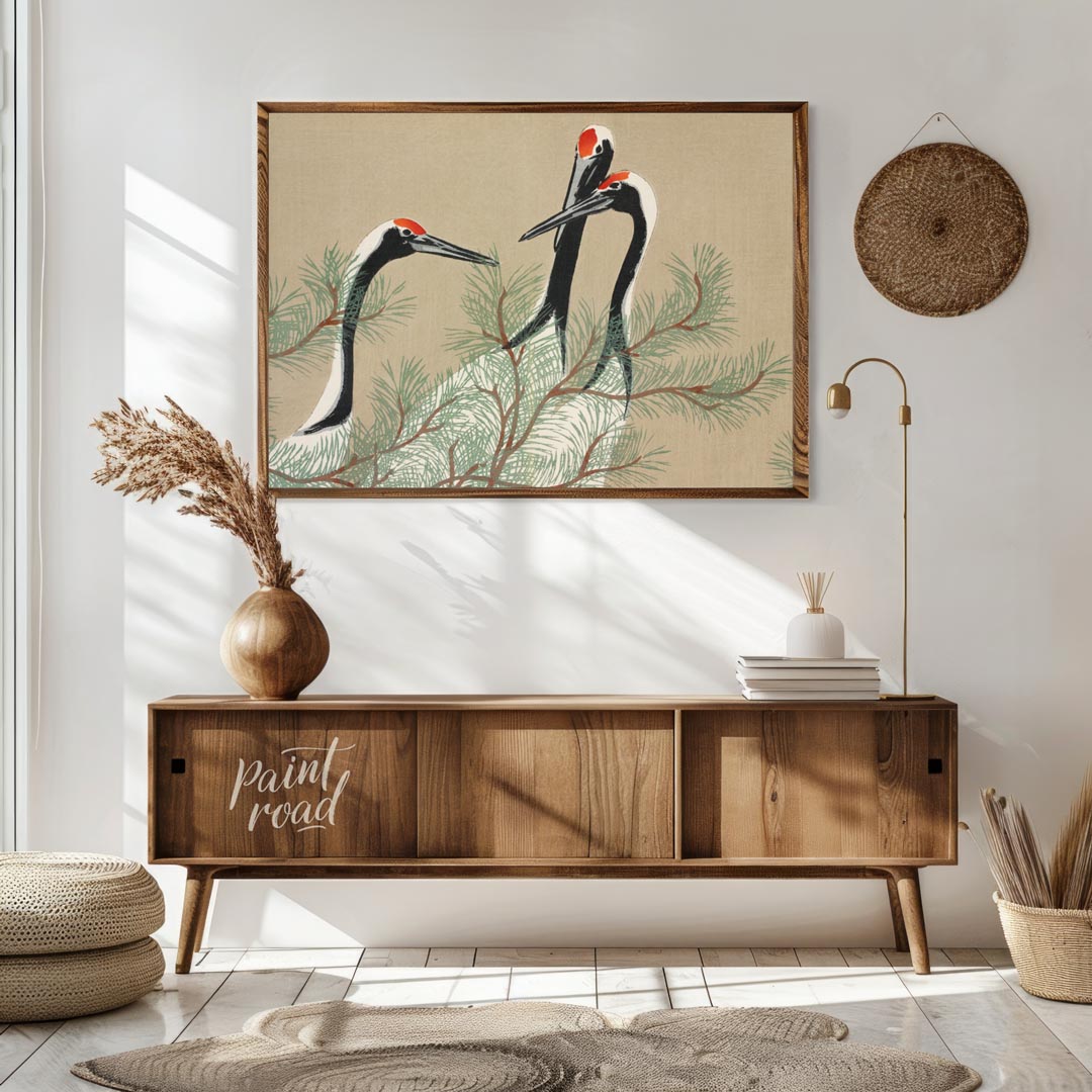 This serene artwork, reminiscent of traditional Japanese or Chinese woodblock prints, depicts two g… for living room