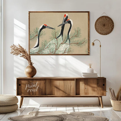 This serene artwork, reminiscent of traditional Japanese or Chinese woodblock prints, depicts two g… for living room