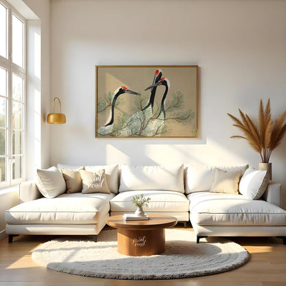 This serene artwork, reminiscent of traditional Japanese or Chinese woodblock prints, depicts two g… for living room