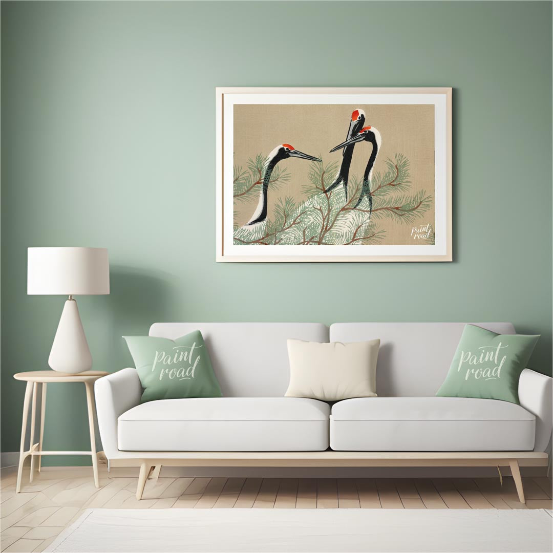 This serene artwork, reminiscent of traditional Japanese or Chinese woodblock prints, depicts two g… for living room