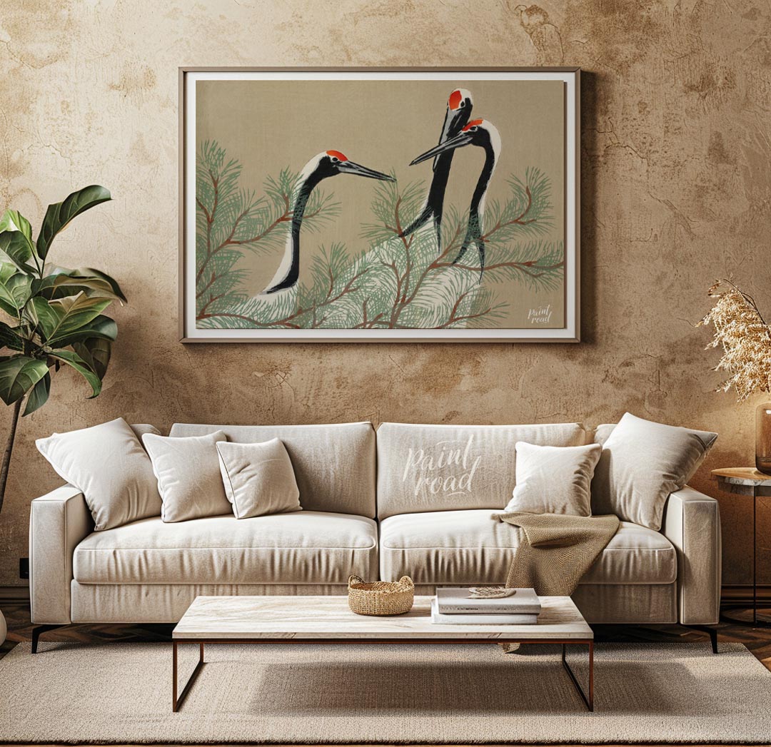 This serene artwork, reminiscent of traditional Japanese or Chinese woodblock prints, depicts two g… for living room