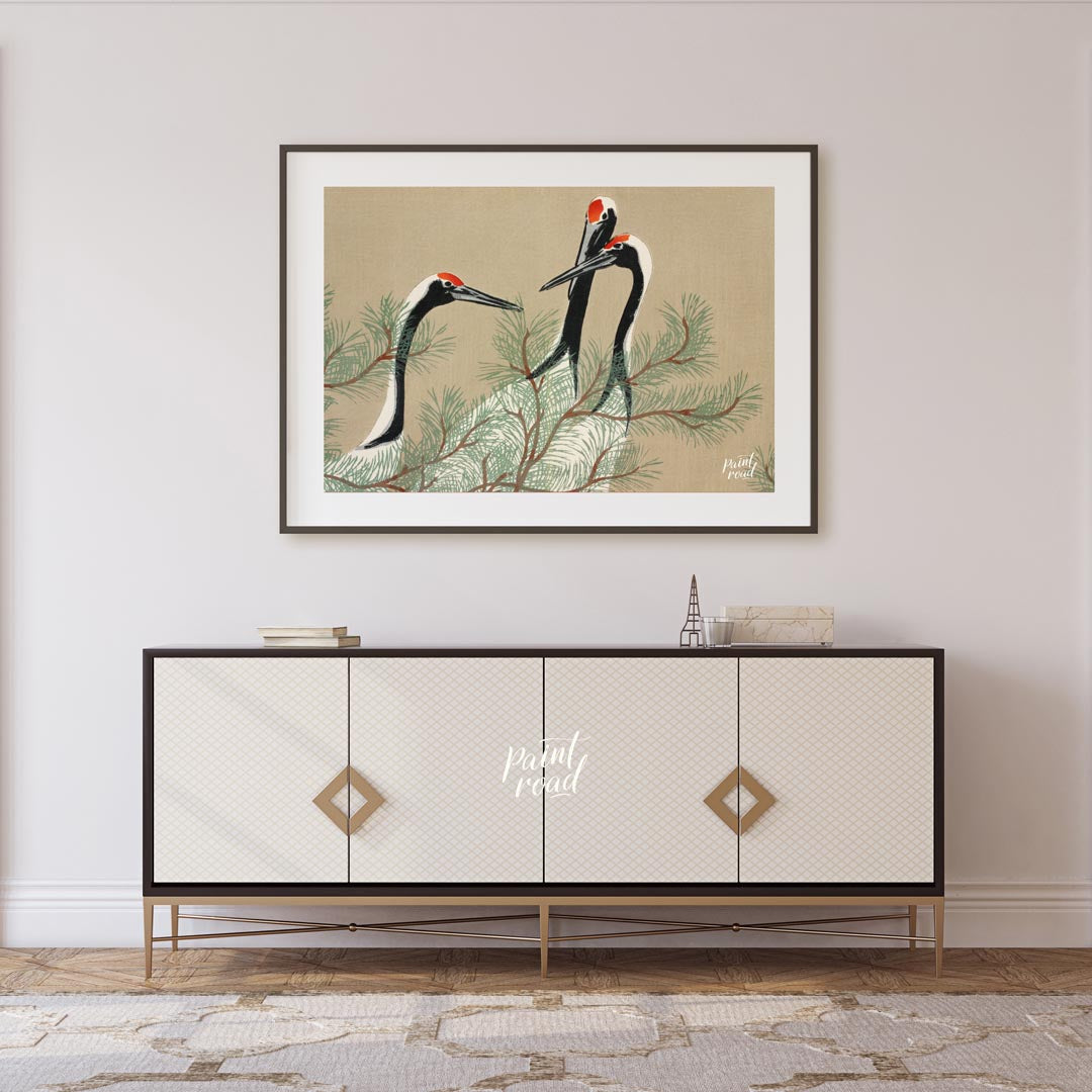 This serene artwork, reminiscent of traditional Japanese or Chinese woodblock prints, depicts two g… for living room