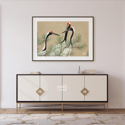 This serene artwork, reminiscent of traditional Japanese or Chinese woodblock prints, depicts two g… for living room