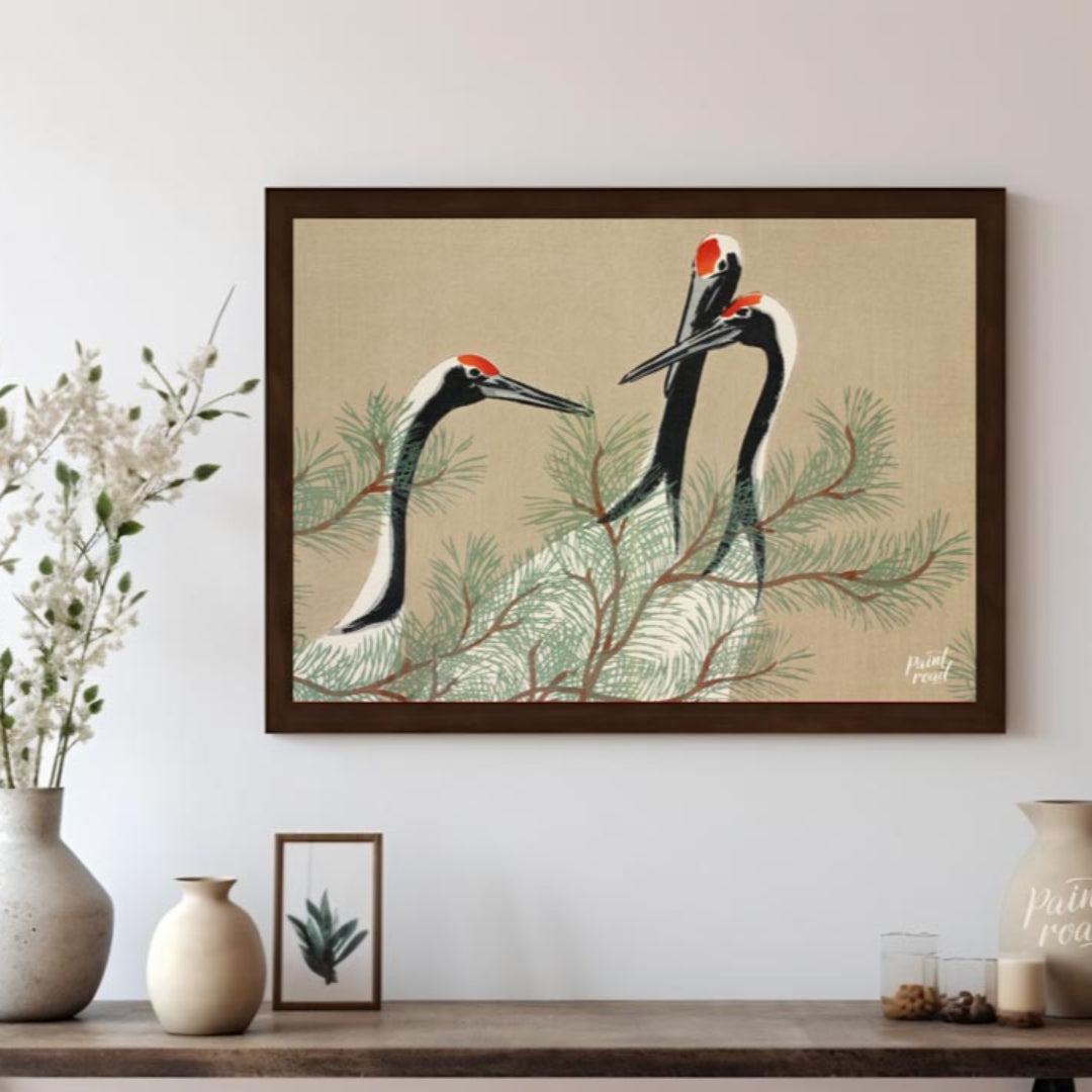 This serene artwork, reminiscent of traditional Japanese or Chinese woodblock prints, depicts two g… for living room