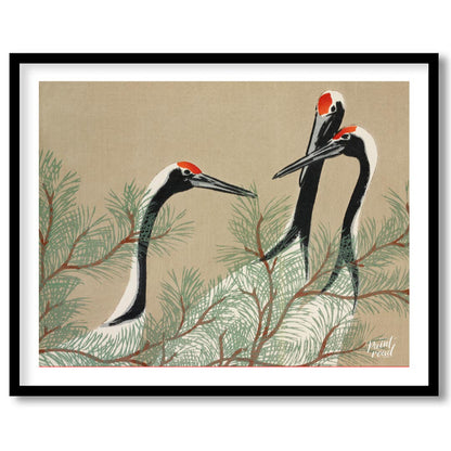 This serene artwork, reminiscent of traditional Japanese or Chinese woodblock prints, depicts two g… for place