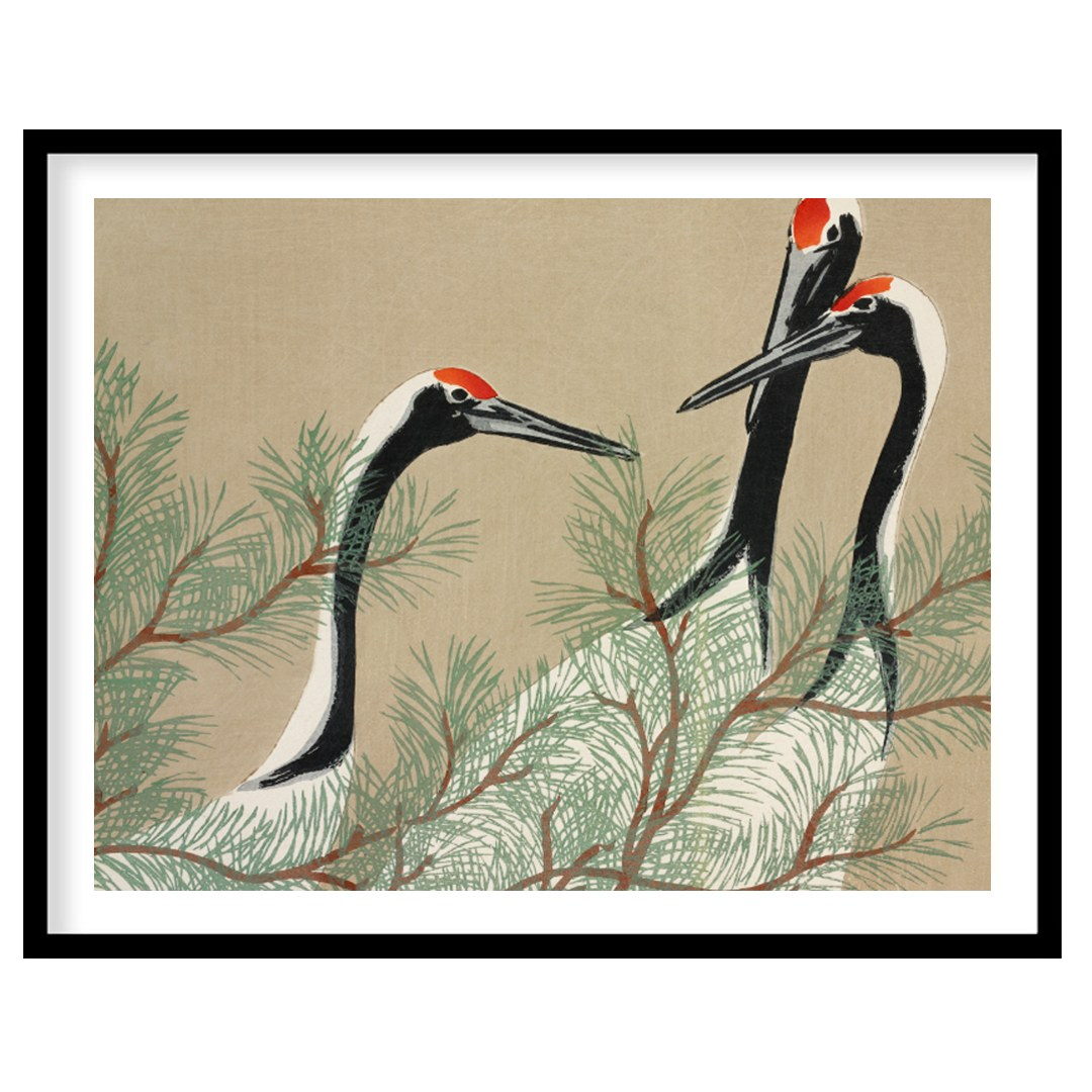 This serene artwork, reminiscent of traditional Japanese or Chinese woodblock prints, depicts two g… for place