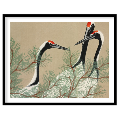 This serene artwork, reminiscent of traditional Japanese or Chinese woodblock prints, depicts two g… for place