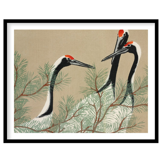 This serene artwork, reminiscent of traditional Japanese or Chinese woodblock prints, depicts two g… for place