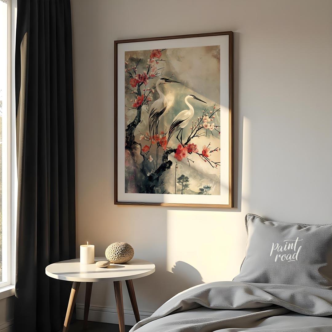 This elegant artwork, reminiscent of traditional Asian ink wash painting, features two graceful whi… for bedroom