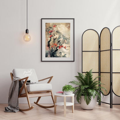 This elegant artwork, reminiscent of traditional Asian ink wash painting, features two graceful whi… for living room