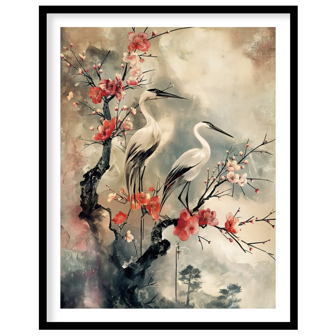This elegant artwork, reminiscent of traditional Asian ink wash painting, features two graceful whi… for lovely-house