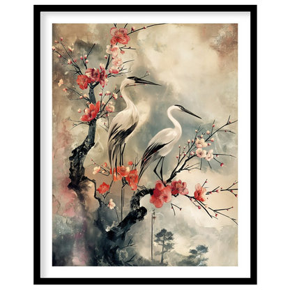 This elegant artwork, reminiscent of traditional Asian ink wash painting, features two graceful whi… for lovely-house
